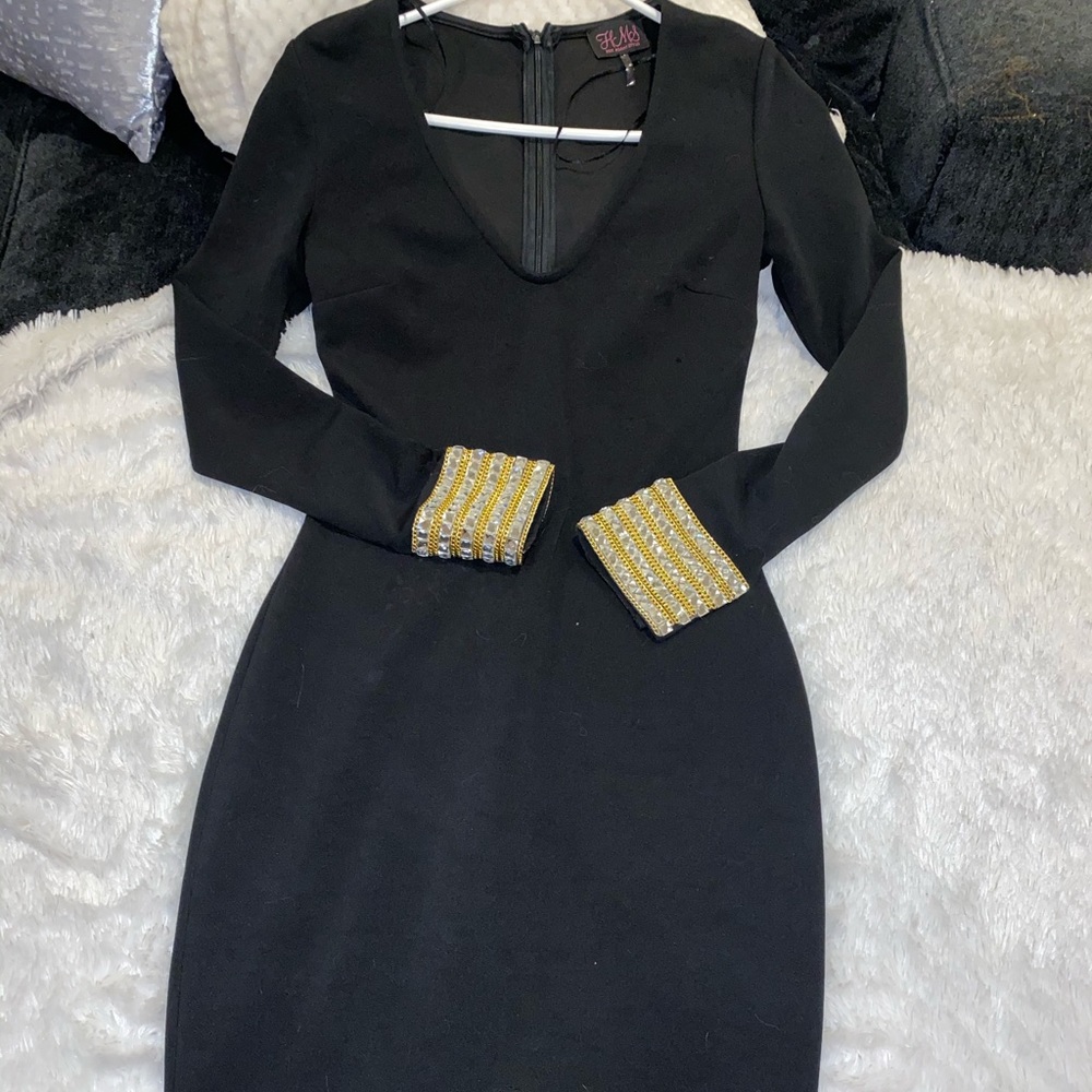Black long sleeve midi dress slit rhinestone cuffs
